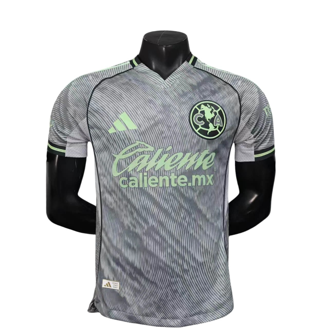 GOATkitz Club América 2025-26 Player Version Third Jersey in grey with lime green accents and a dynamic striped pattern. Customizable.