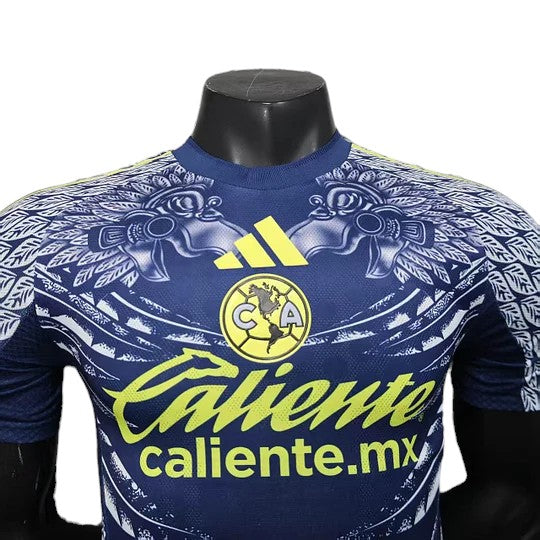 Club América 2025-26 player version away jersey in navy blue with yellow accents and Aztec-inspired graphics on shoulders.