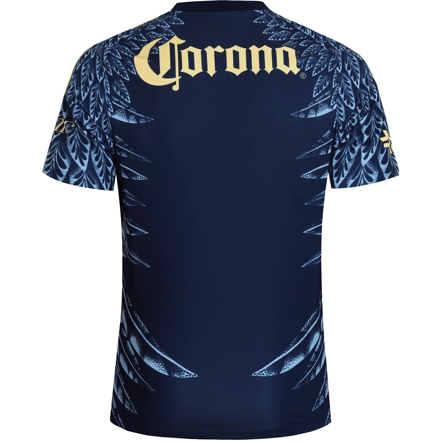 GOATkitz Club América 2025-26 adult away jersey in navy blue with light blue feather-like accents and gold Corona logo on back.