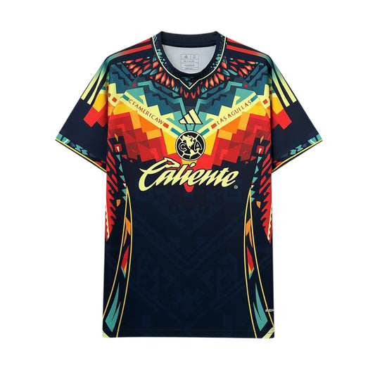 Club América 2025-26 dark blue special edition fan jersey with colourful geometric pattern and Caliente sponsor.