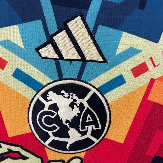 GOATkitz Club América 2025-26 dark blue special edition soccer jersey with embroidered Adidas logo and team crest. Features a geometric pattern.