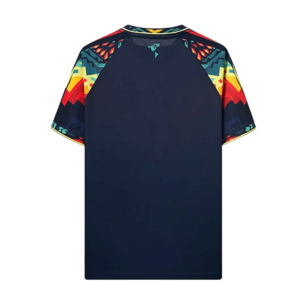 GOATkitz Club América 2025-26 dark blue special edition fan jersey with colourful geometric sleeve and collar details.