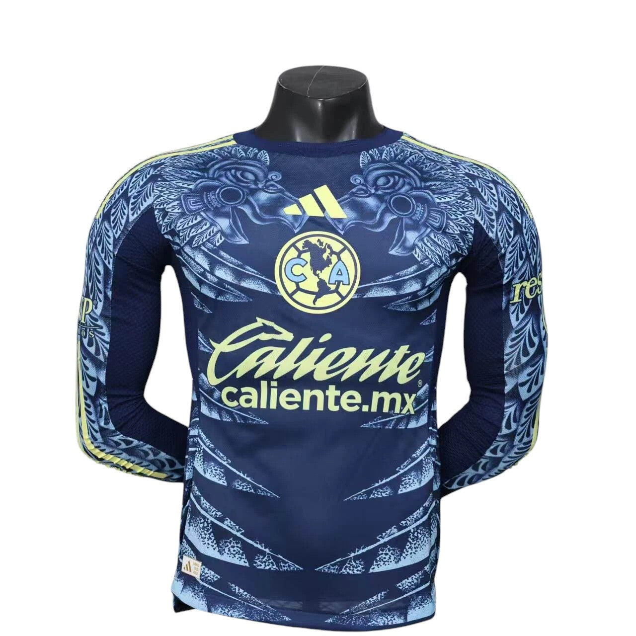 GOATkitz Club América 2025-26 long sleeve player version away jersey in navy blue with yellow accents and intricate dragon-like graphics.