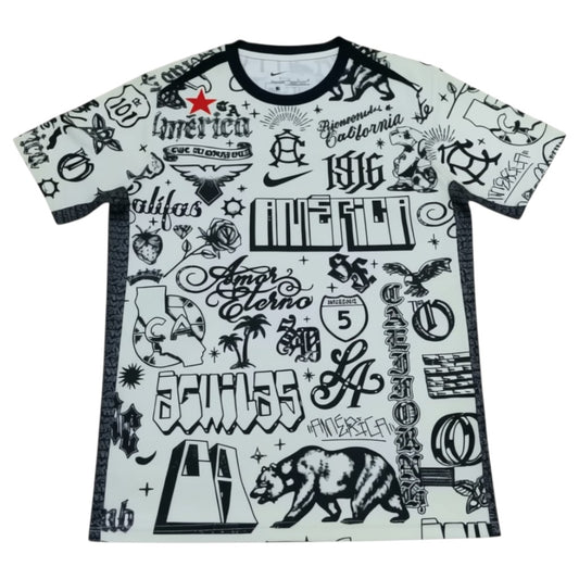 GOATkitz Club América 2025-26 training jersey, white with black graphic print, crew neck, short sleeves.