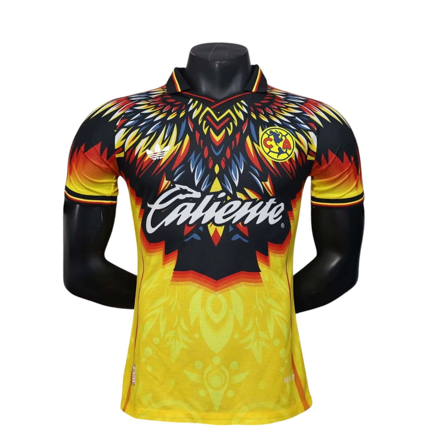 GOATkitz Club América 2025-26 Player Version yellow special edition jersey with black, red, and blue graphic details.