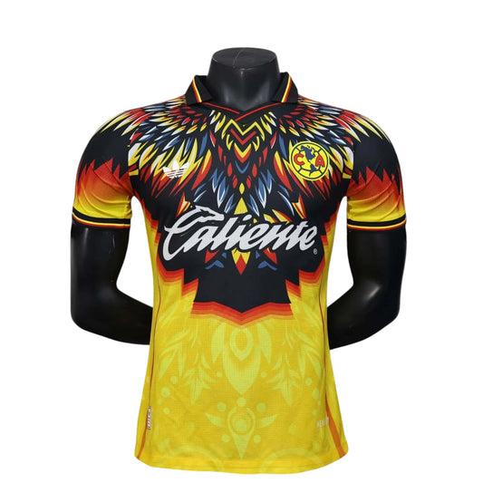 GOATkitz Club América 2025-26 Player Version yellow special edition jersey with black, red, and blue graphic details.