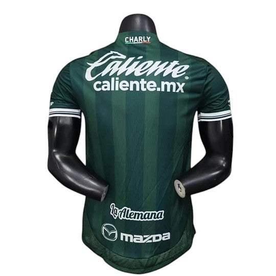 GOATkitz Club León 2025-26 Player Version Home Jersey, dark green with vertical stripes, white accents on sleeves, customizable.