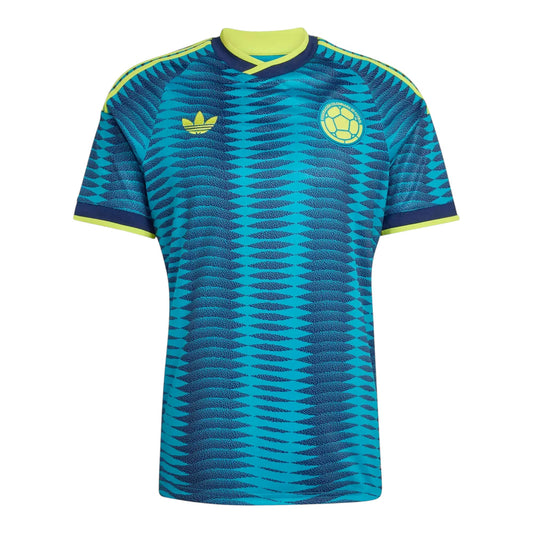 GOATkitz Colombia 2026 adult away jersey in blue and yellow with a patterned design and official crest.