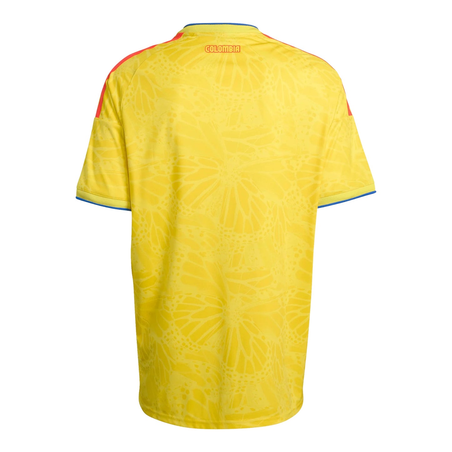 GOATkitz Colombia 2026 adult home jersey, yellow with butterfly pattern, blue and red trim, customizable.