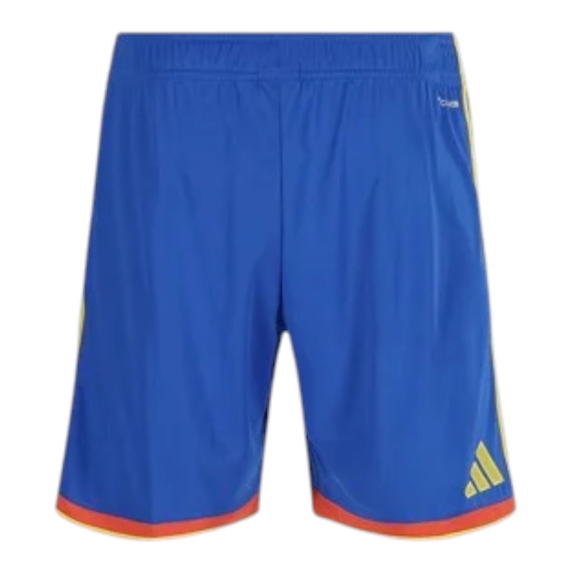 GOATkitz blue and yellow kids' soccer shorts with red trim, part of the Colombia 2026 home kit.