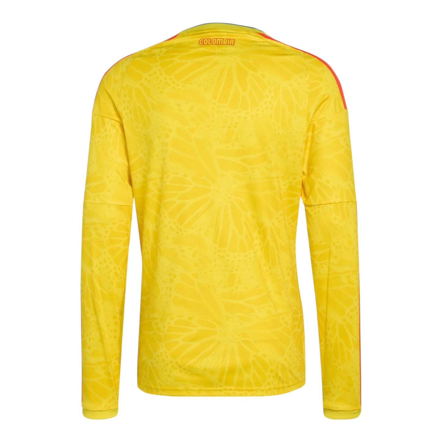GOATkitz Colombia 2026 long sleeve adult home jersey in yellow with red stripes on sleeves and subtle butterfly pattern.