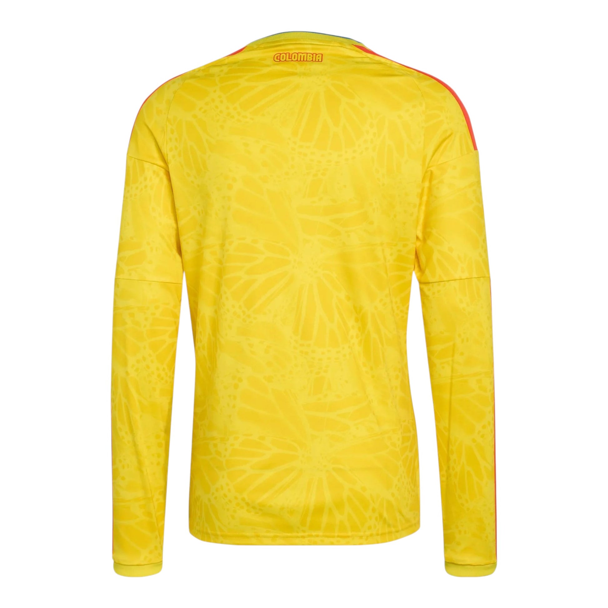 GOATkitz Colombia 2026 long sleeve adult home jersey in yellow with red stripes on sleeves and subtle butterfly pattern.