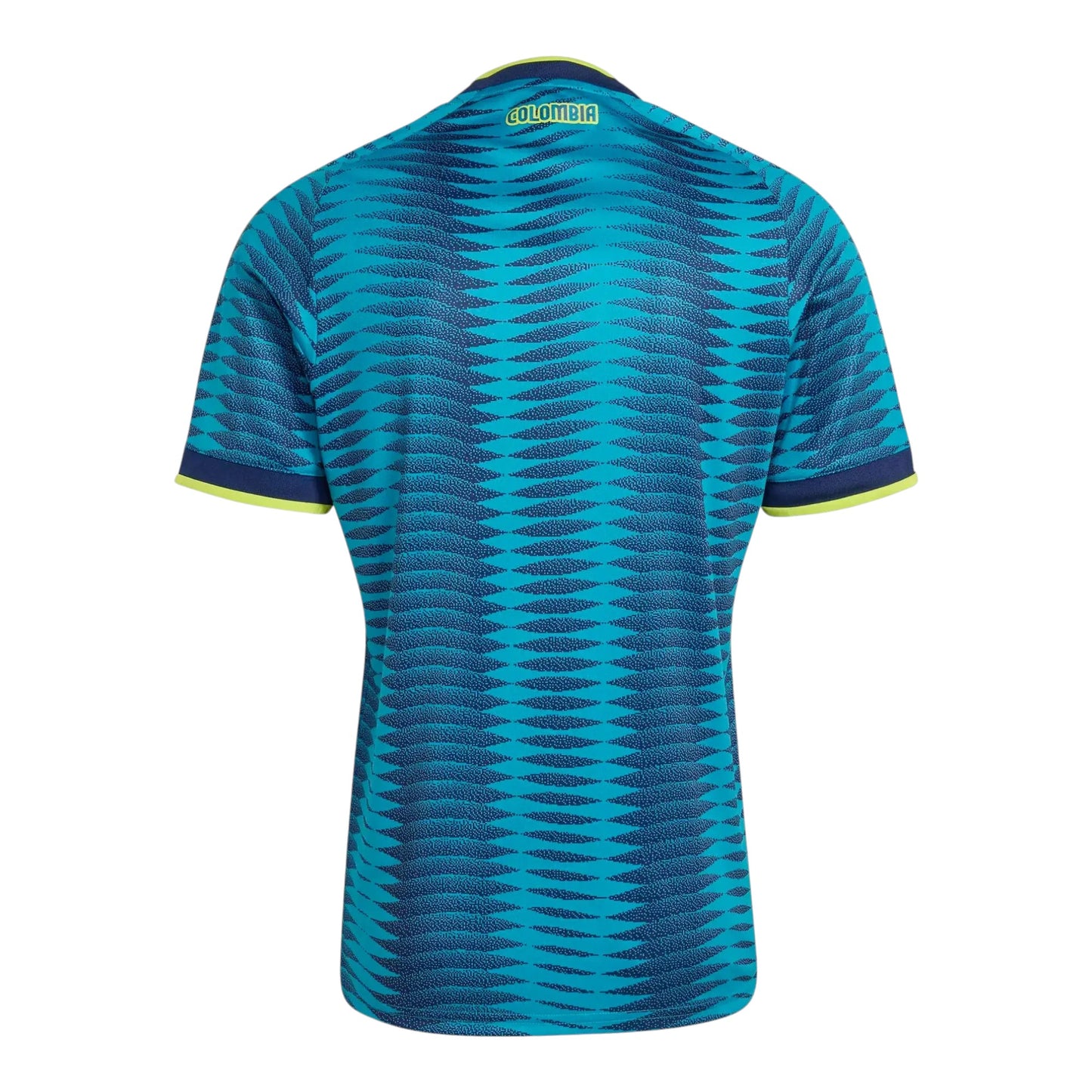 GOATkitz Colombia 2026 Adult Away Jersey, teal and blue patterned short-sleeve soccer shirt with yellow trim.