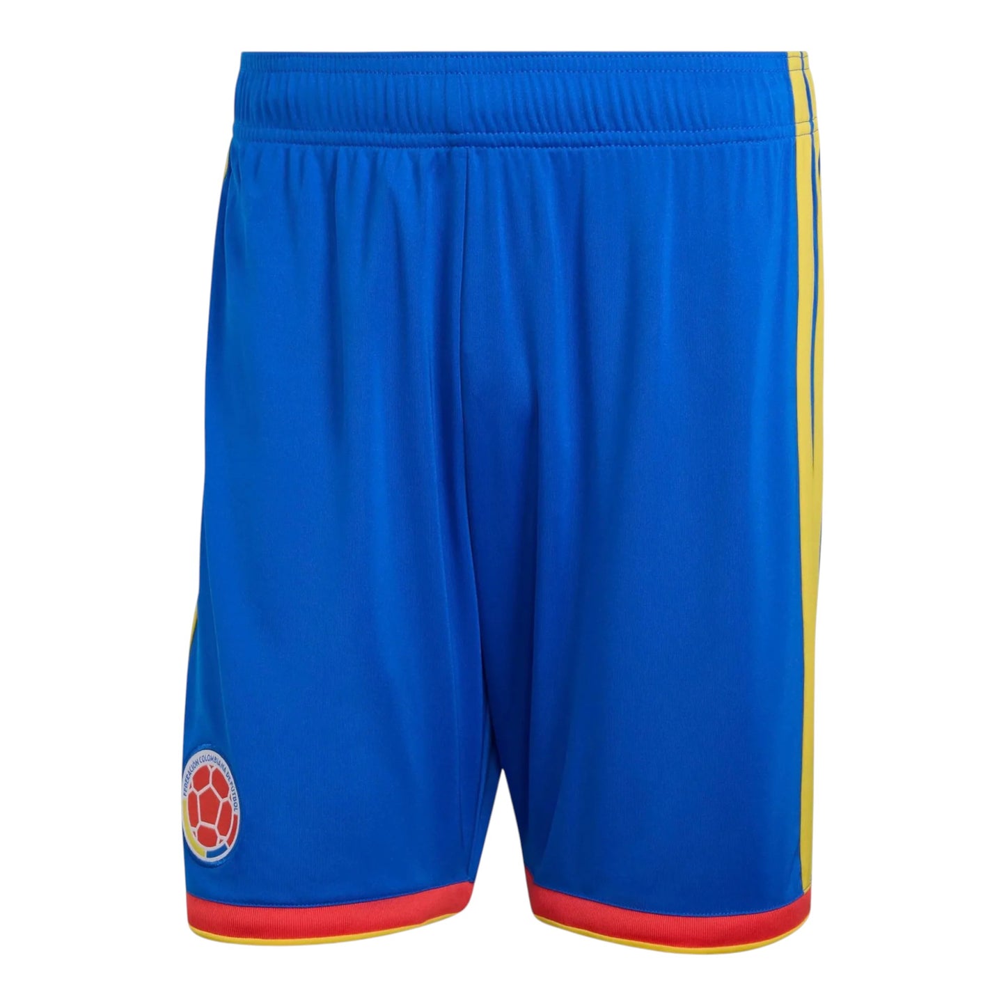 GOATkitz blue kids' soccer shorts with yellow side stripes and red trim. Features Colombia crest.