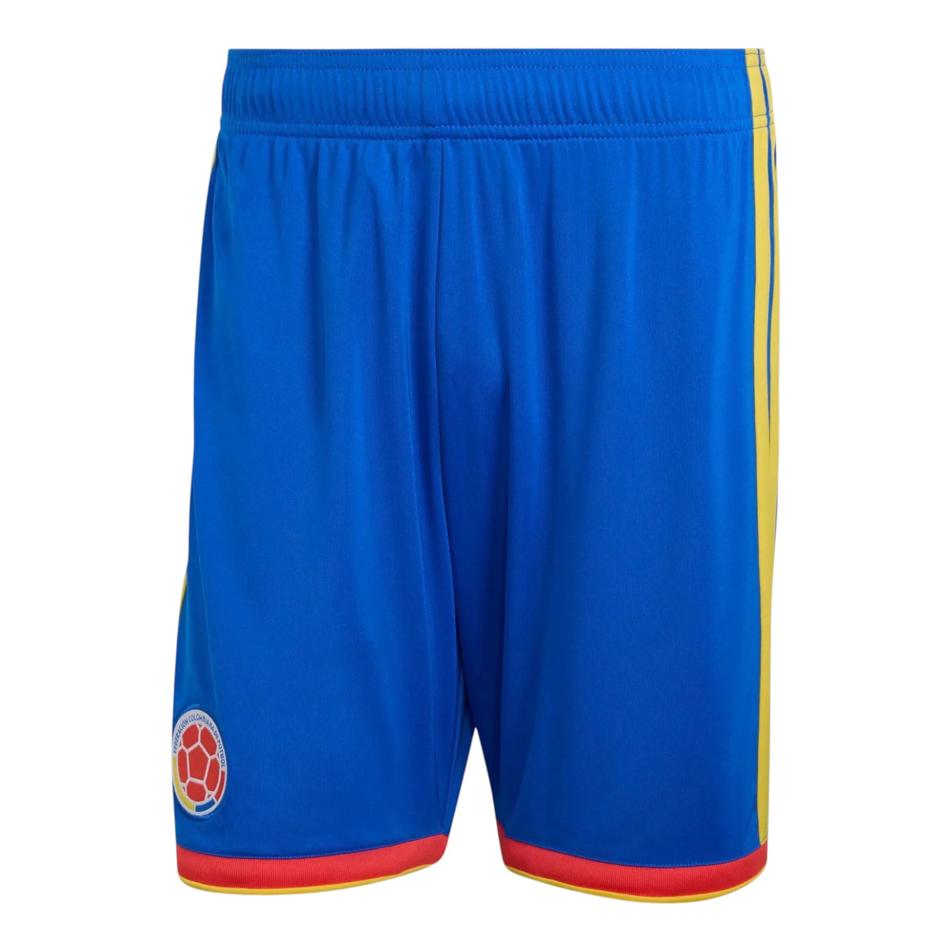 GOATkitz blue kids' soccer shorts with yellow side stripes and red trim. Features Colombia crest.