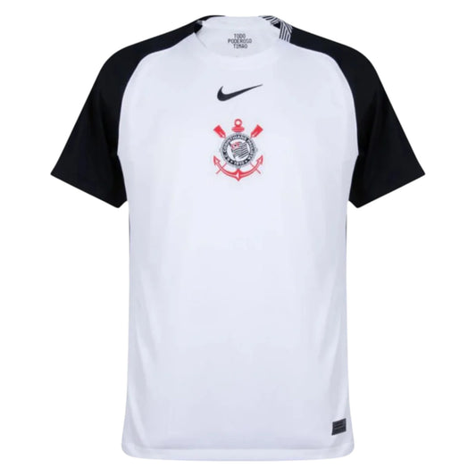 GOATkitz Corinthians 2025-26 adult home jersey, white with black sleeves and team crest. Fan version, customizable.