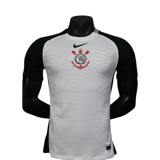 GOATkitz Corinthians 2025-26 player version home jersey, white with black sleeves, customizable name and number.