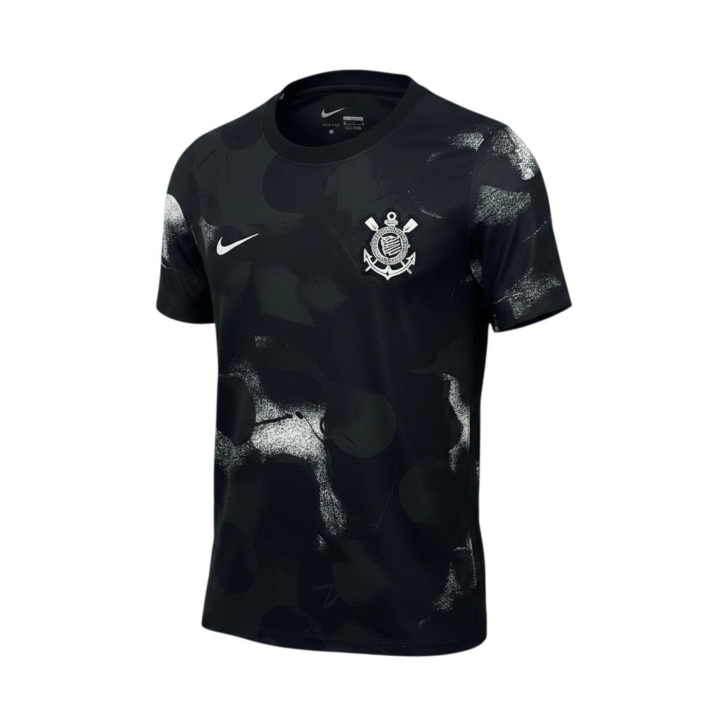 GOATkitz Corinthians black pre-match jersey with white graphic print and club crest. Short sleeves, crew neck.