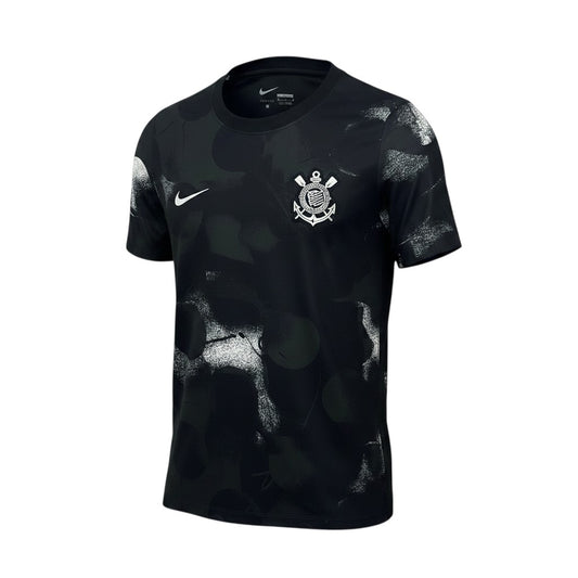 GOATkitz Corinthians black pre-match jersey with white graphic print and club crest. Short sleeves, crew neck.