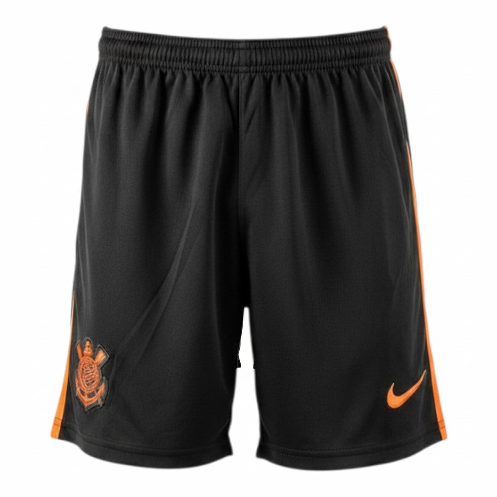 GOATkitz black kids' soccer shorts with orange trim and Corinthians crest. Customizable.