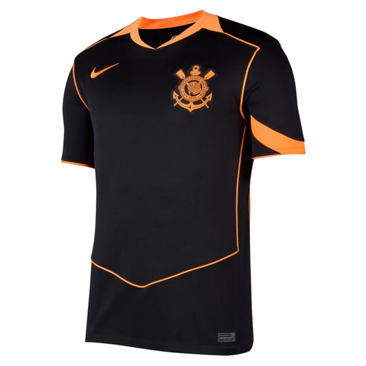 GOATkitz black and orange Corinthians 2025-26 kids third jersey with club crest and Nike logo.
