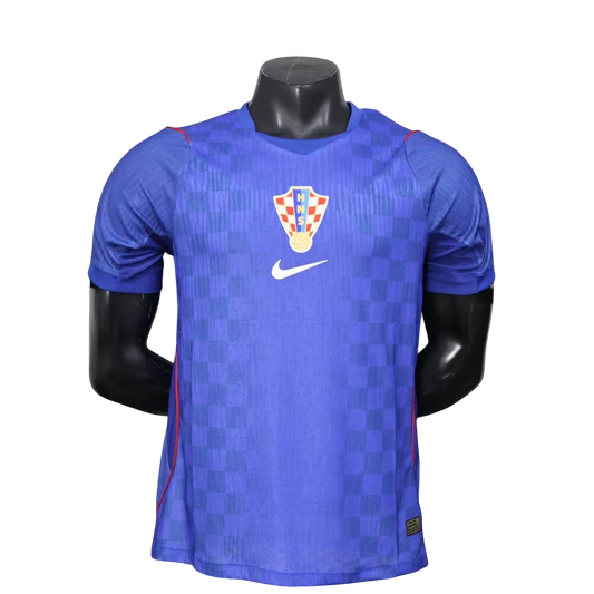 GOATkitz Croatia 2026 player version away jersey in blue with checkered pattern, Nike logo, and Croatia crest.