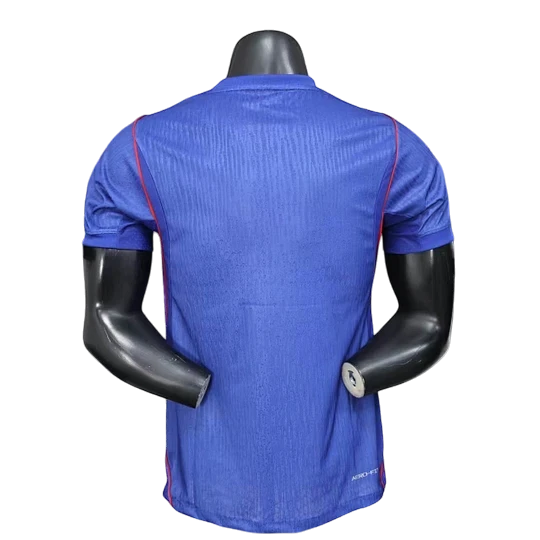 GOATkitz Croatia 2026 Player Version Away Jersey, royal blue with red trim, textured fabric, on black mannequin.