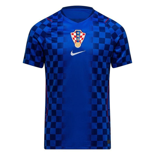GOATkitz Croatia 2026 Adult Away Jersey in blue with checkered pattern, V-neck, and embroidered crest.