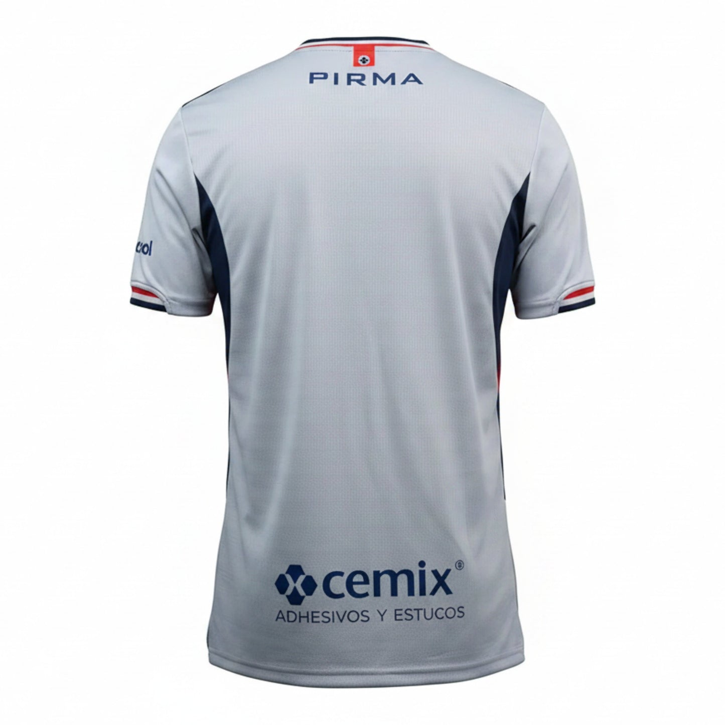 GOATkitz 2025-26 Cruz Azul men's away jersey, light grey with navy and red accents, short sleeves, crew neck, Pirma logo on back.