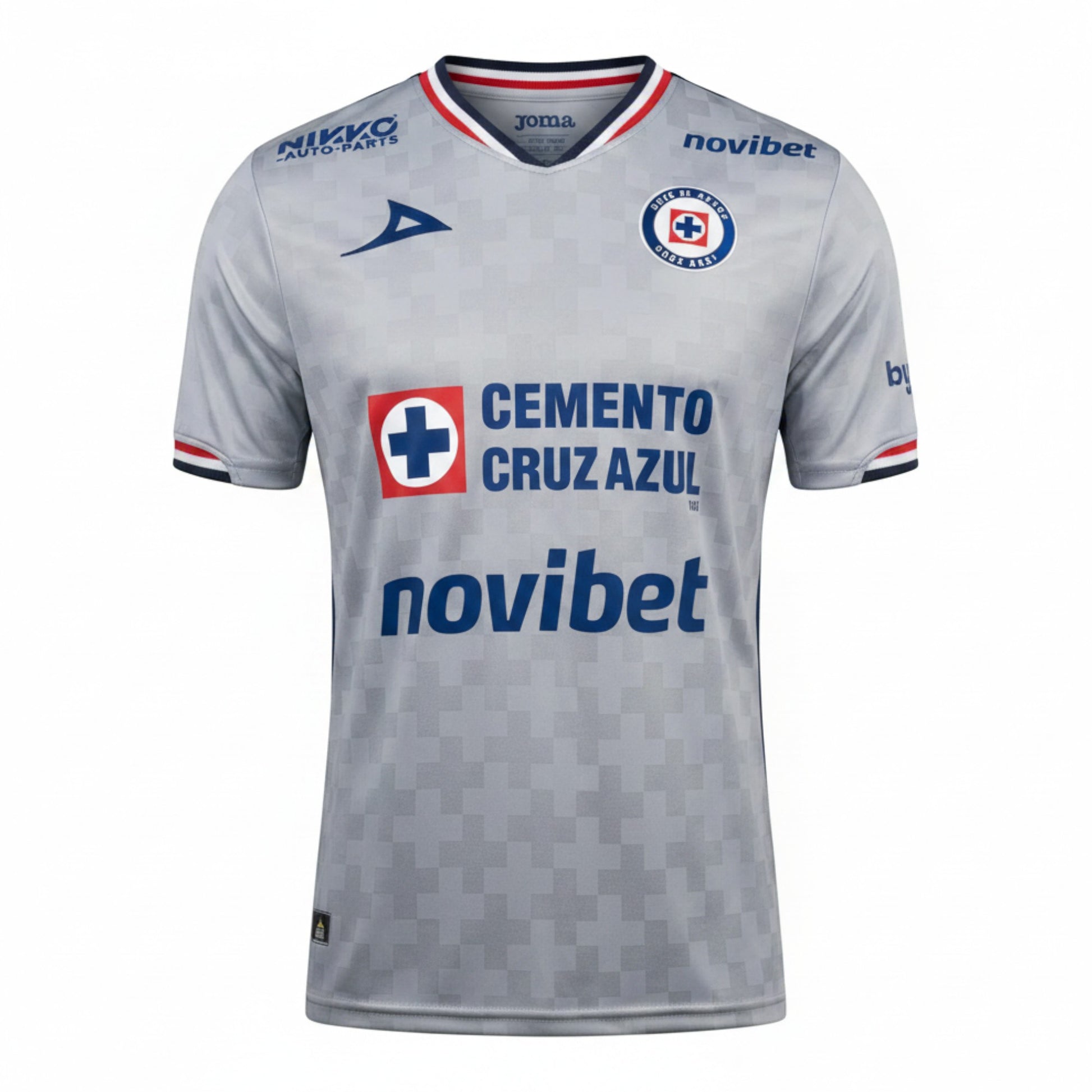GOATkitz grey Cruz Azul 2025-26 adult away jersey with blue and red trim. Features team crest and sponsor logos.