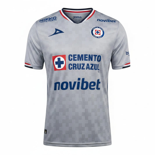 GOATkitz grey Cruz Azul 2025-26 adult away jersey with blue and red trim. Features team crest and sponsor logos.