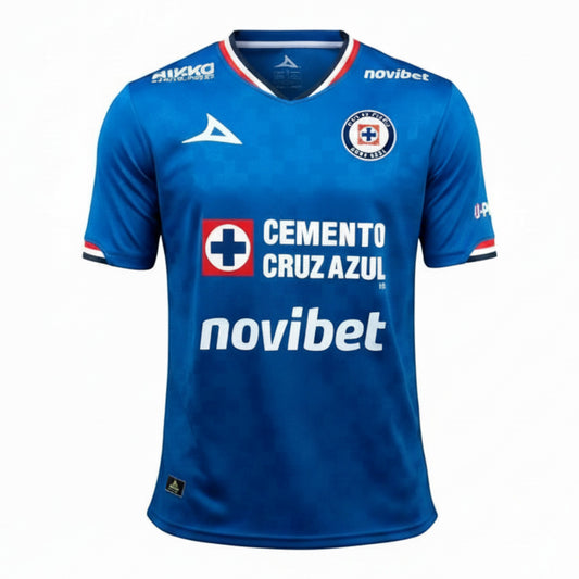 GOATkitz blue 2025-26 Cruz Azul adult home soccer jersey with white collar and sleeve trim. Features team crest and sponsor logos.