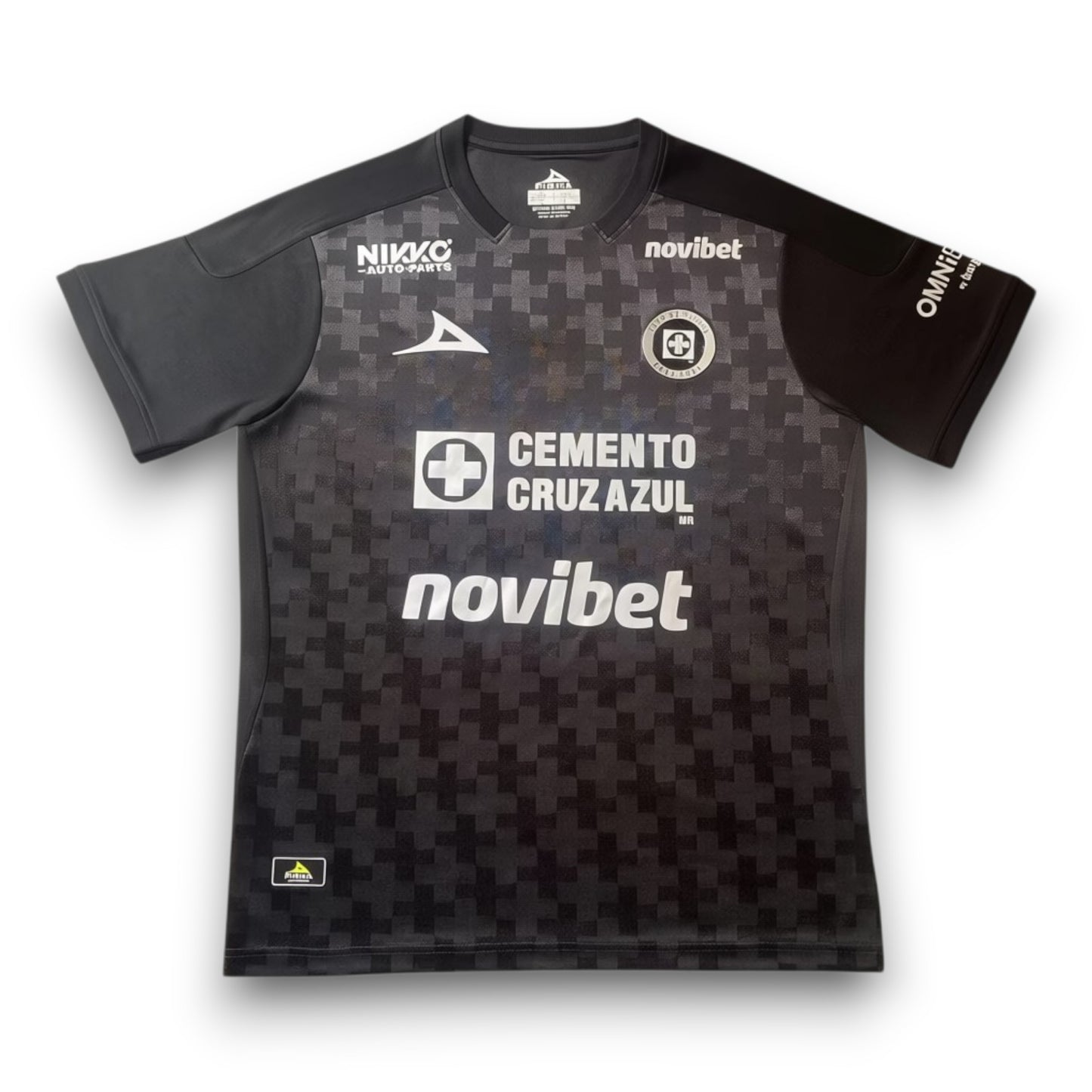 GOATkitz black Cruz Azul 2025-26 adult third jersey with subtle geometric pattern and sponsor logos.