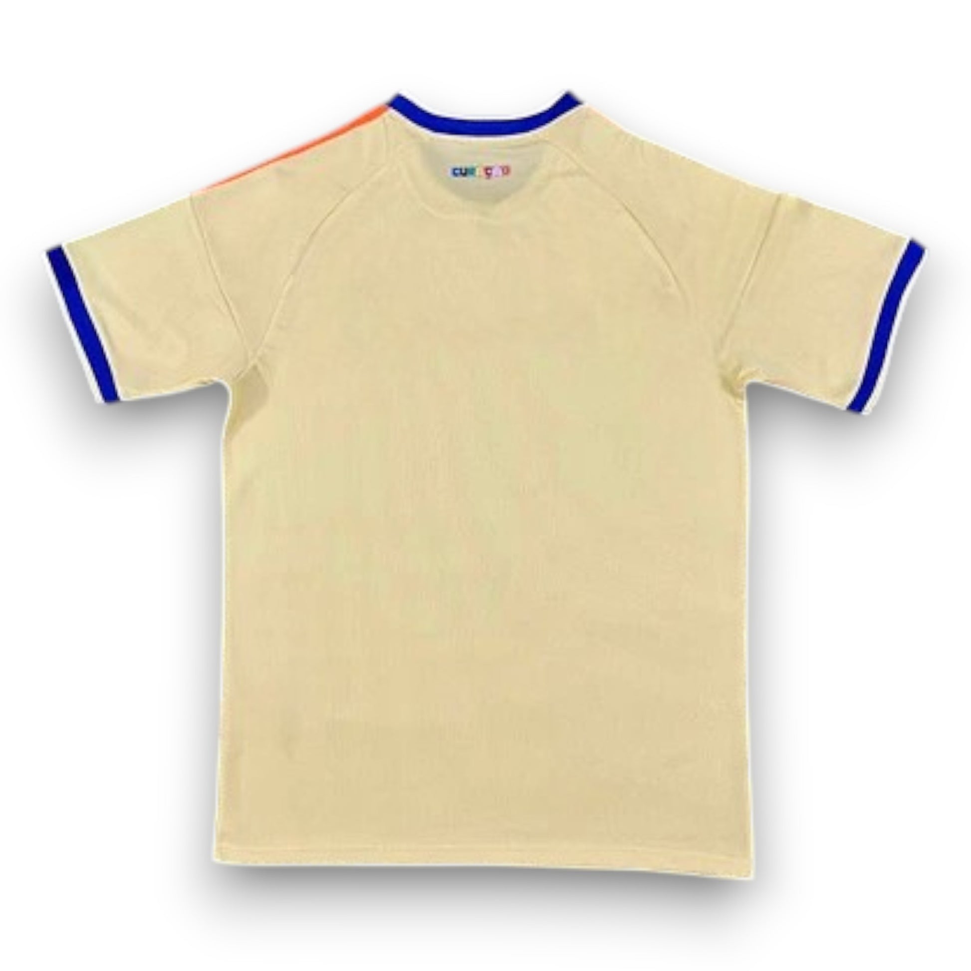 GOATkitz Curaçao 2026 adult away jersey, light yellow with blue and orange trim on sleeves and collar. Customizable.