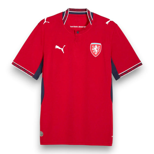 GOATkitz Czechia 2026 adult home football jersey, red with white Puma logo and Czech crest. Features navy blue side panels and patterned trim.
