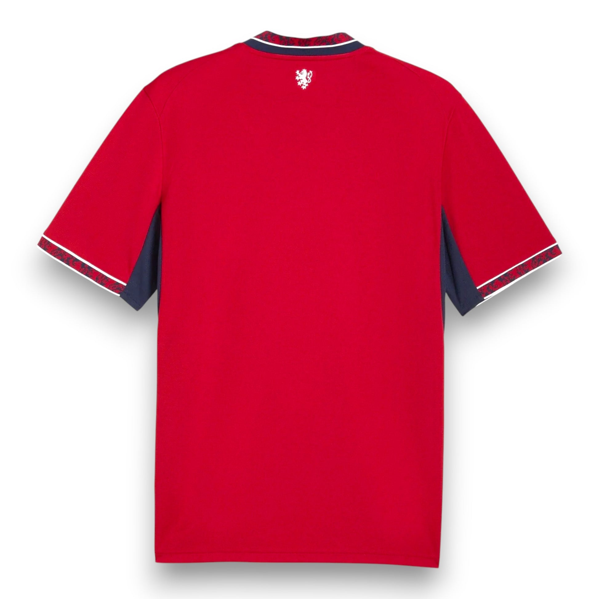GOATkitz Czechia 2026 Adult Home Jersey, red with navy blue accents and white trim. Features a lion crest on the back.