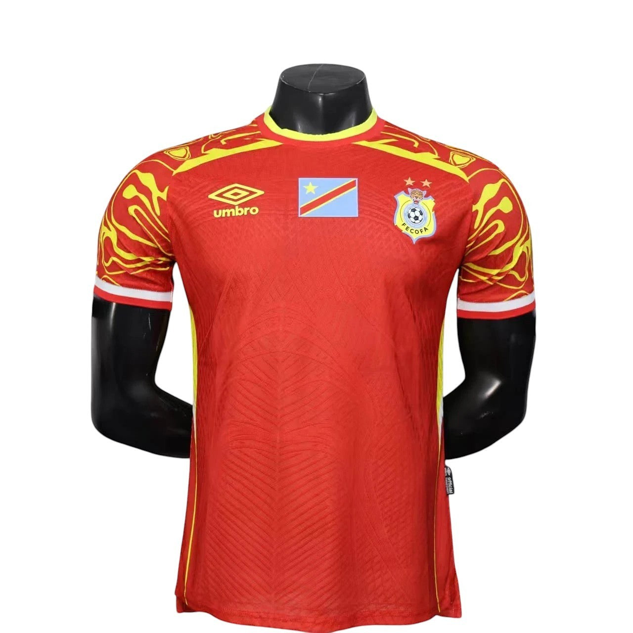 GOATkitz DR Congo 2026 player version third jersey in red with yellow accents and official badges. Customizable.