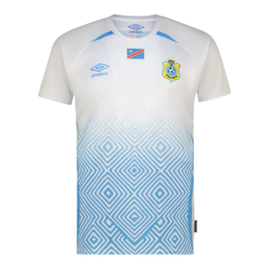 GOATkitz DR Congo 2026 Adult Away Jersey, white with blue geometric pattern, crew neck, short sleeves, customizable.