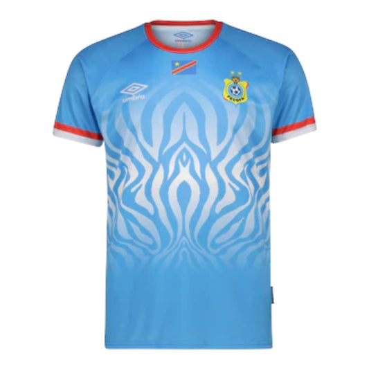 GOATkitz DR Congo 2026 adult home soccer jersey, light blue with white zebra-like pattern, red and white trim.