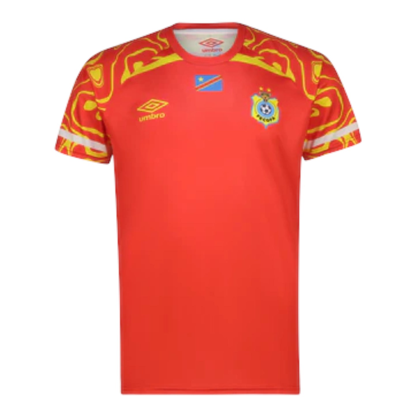 GOATkitz DR Congo 2026 Third Jersey in red with yellow abstract pattern on shoulders and sleeves. Features team crest and Umbro logo.