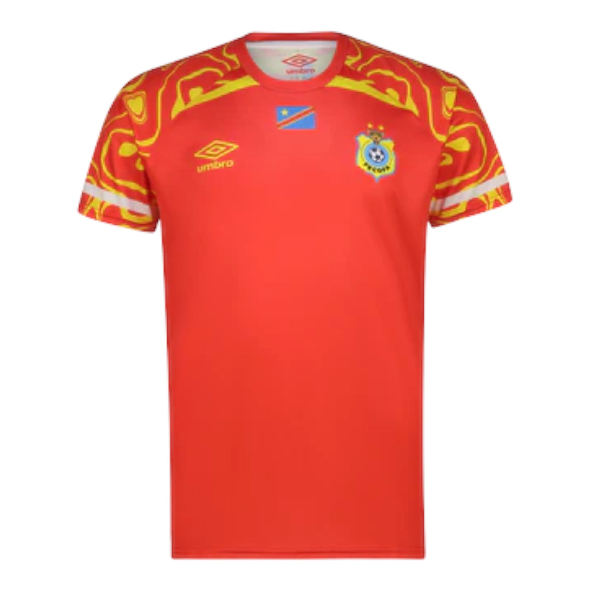 GOATkitz DR Congo 2026 Third Jersey in red with yellow abstract pattern on shoulders and sleeves. Features team crest and Umbro logo.