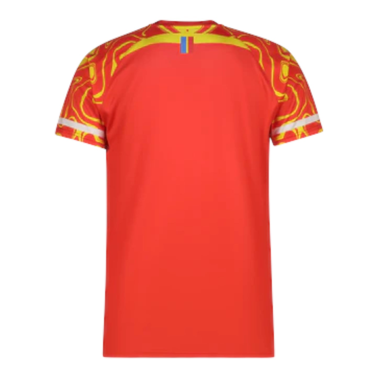 GOATkitz DR Congo 2026 Third Jersey, red with yellow abstract pattern on sleeves and yellow/blue accents on collar.