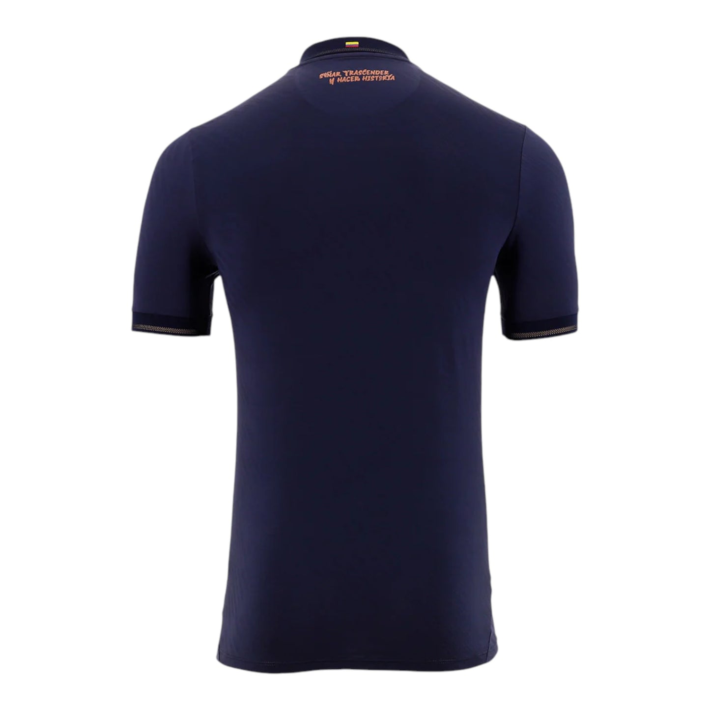 GOATkitz navy blue Ecuador 2026 adult away jersey with embroidered text on the collar and striped cuffs.