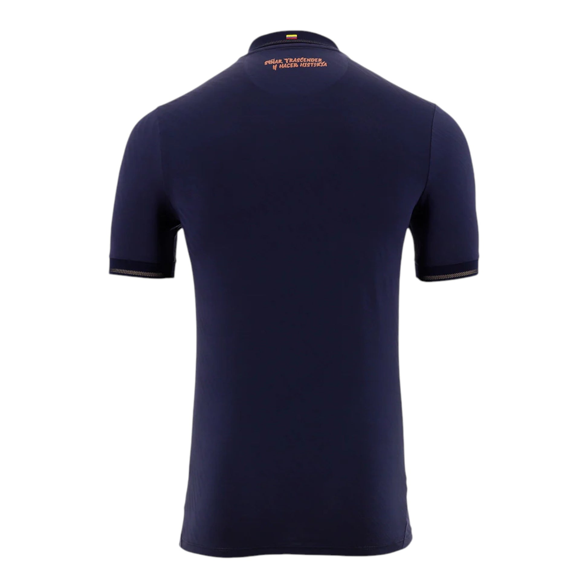 GOATkitz navy blue Ecuador 2026 adult away jersey with embroidered text on the collar and striped cuffs.