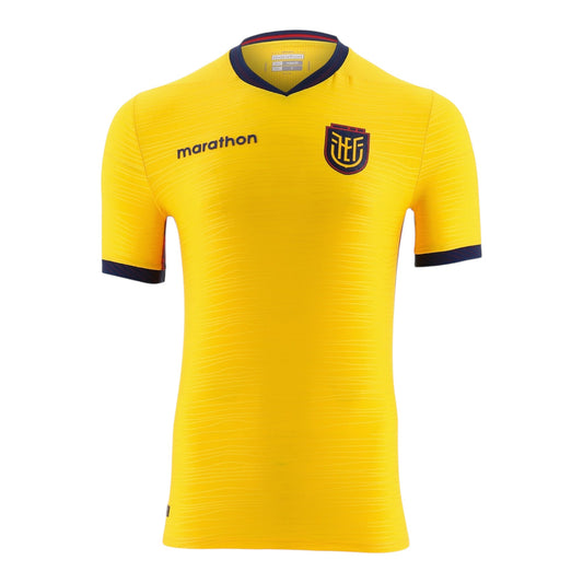 GOATkitz Ecuador 2026 adult home jersey in yellow with navy trim and subtle wave pattern. Customizable.
