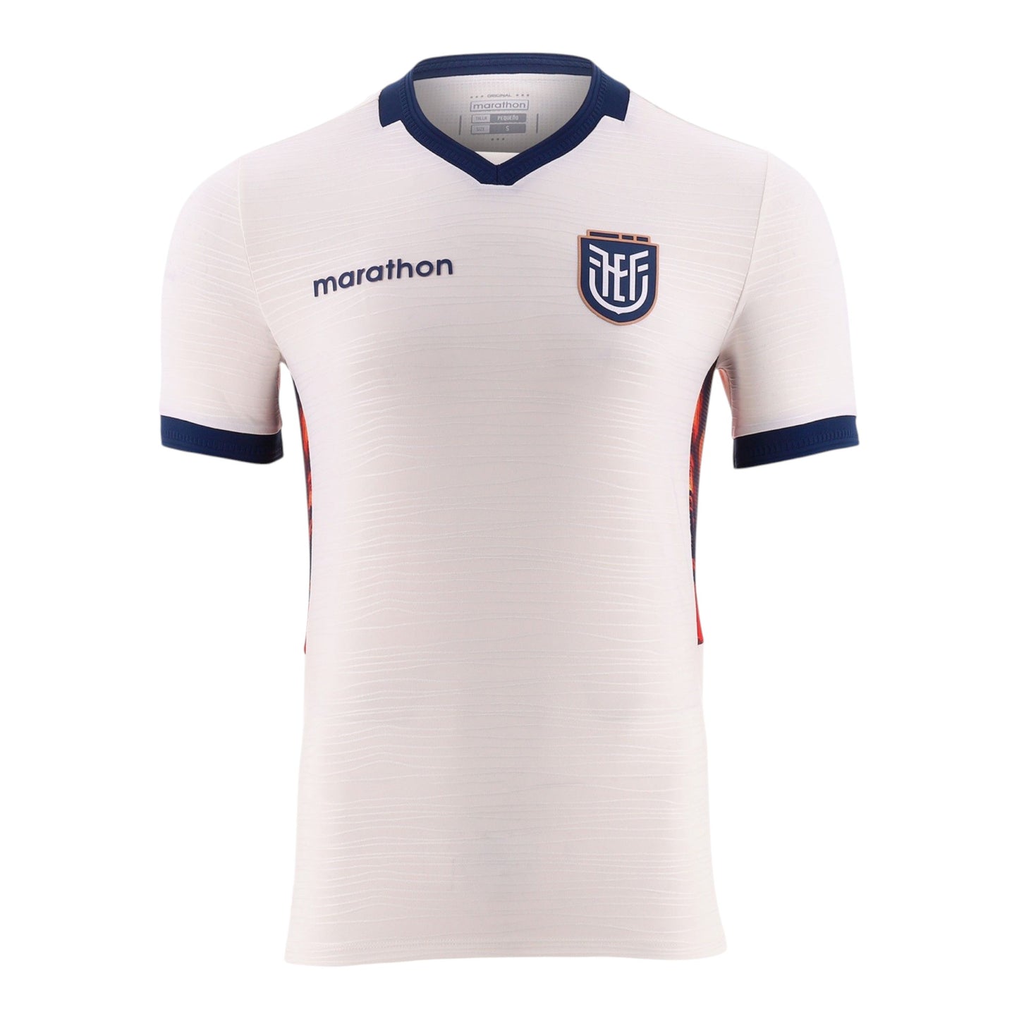 GOATkitz Ecuador 2026 adult third jersey, white with navy collar and cuffs, Marathon logo, and team crest. Customizable.