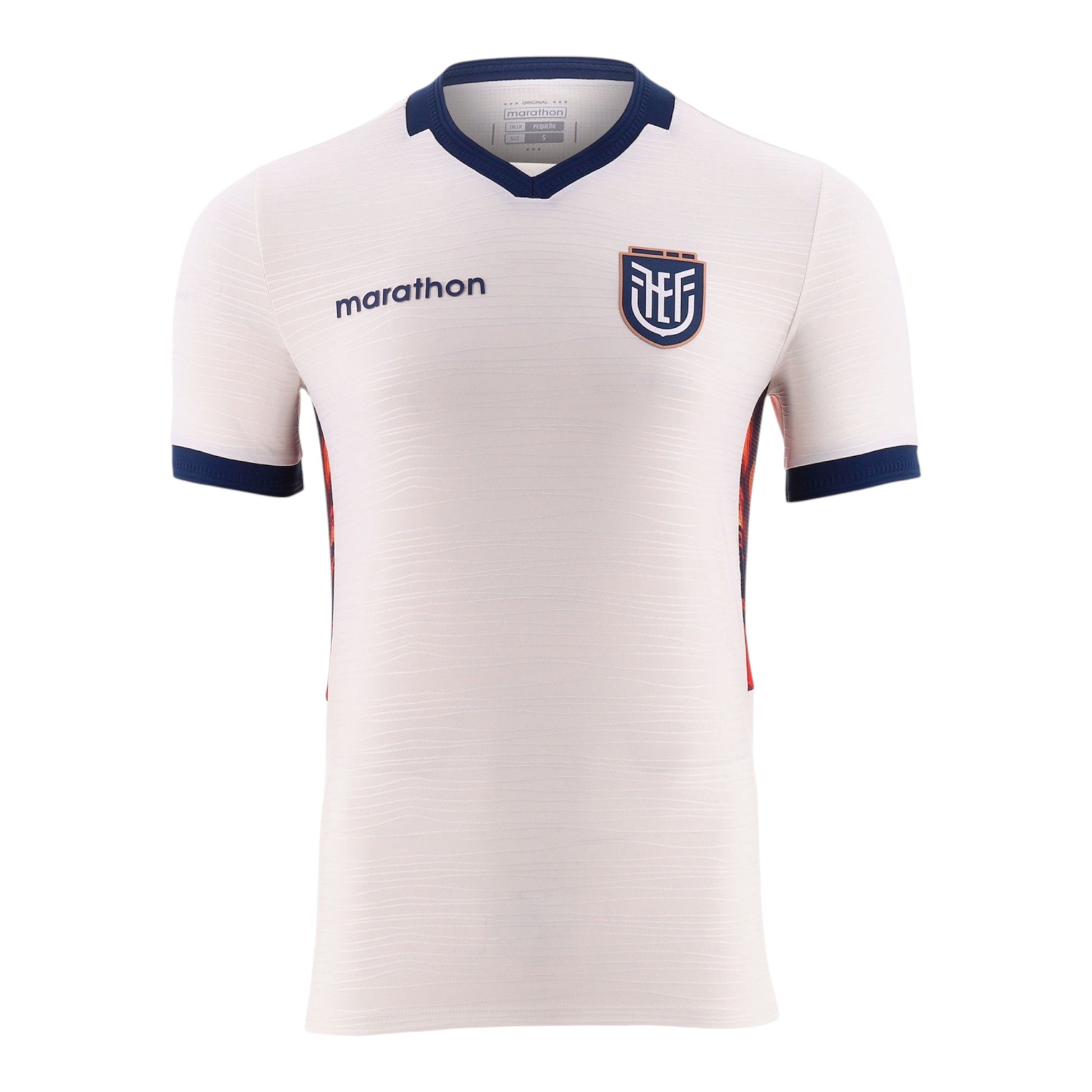 GOATkitz Ecuador 2026 adult third jersey, white with navy collar and cuffs, Marathon logo, and team crest. Customizable.