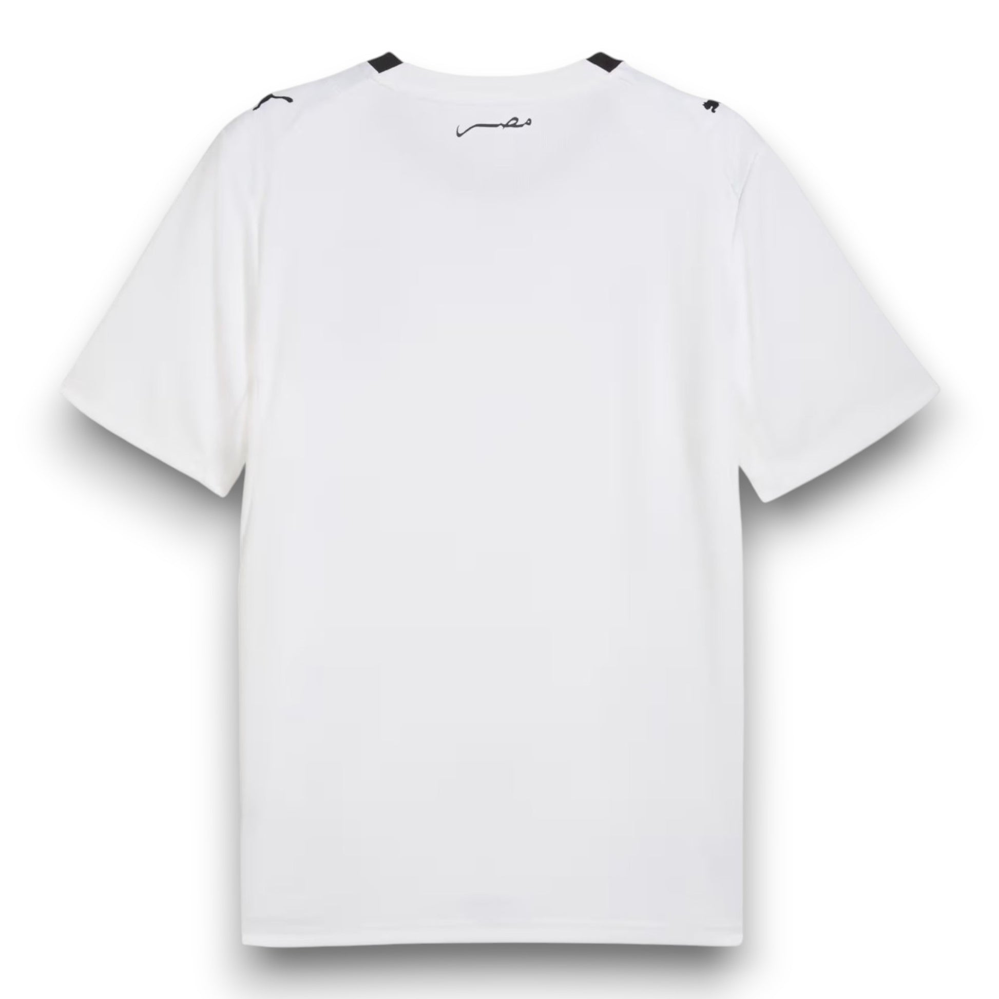 GOATkitz Egypt 2026 adult away jersey, white, short sleeves, crew neck, with black trim on shoulders and Arabic script on back.
