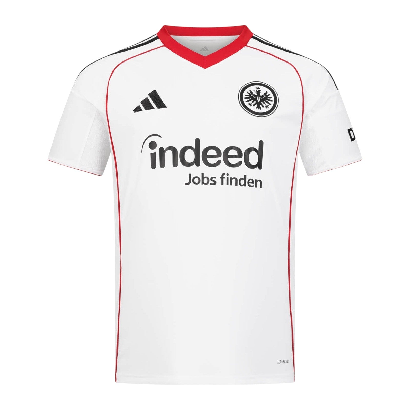 GOATkitz Eintracht Frankfurt 2025-26 white away jersey with red trim and black accents. Features Adidas logo, club crest, and 'indeed' sponsor.