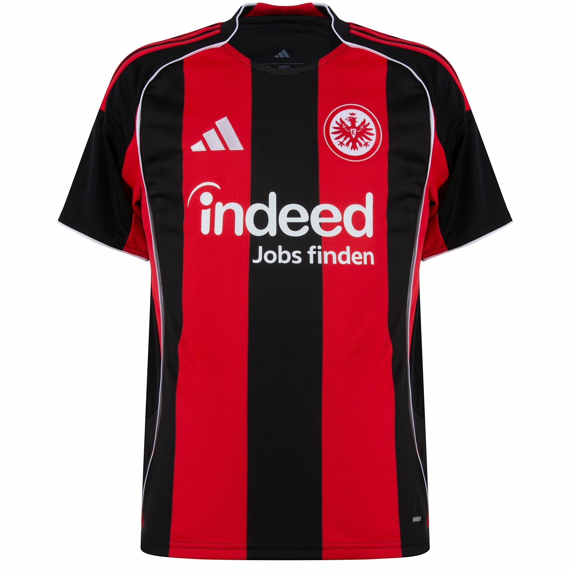 GOATkitz Eintracht Frankfurt 2025-26 adult home jersey, black and red vertical stripes, white accents, customizable.